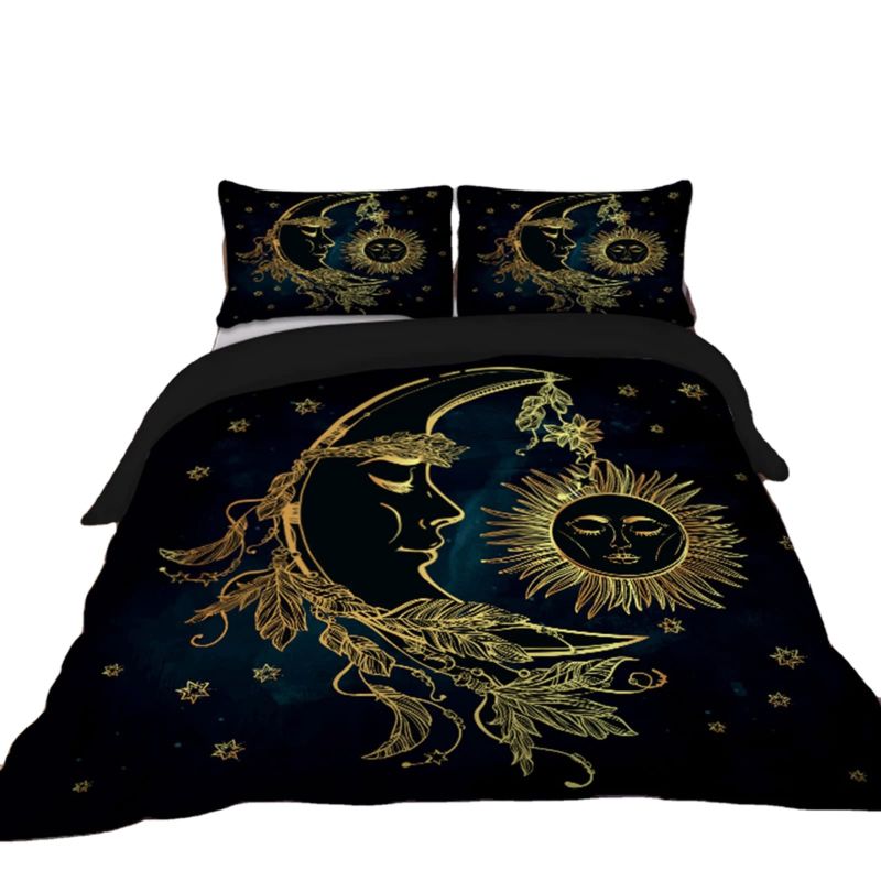 3D Styles Golden Sun and Moon Printed Microfiber Duvet Cover Set