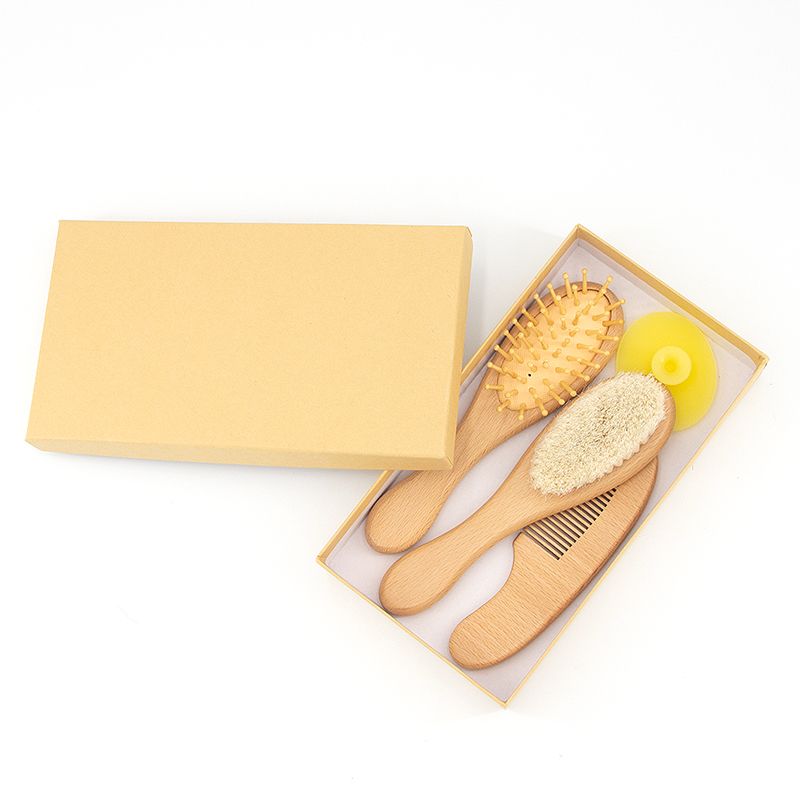 3Pcs Natural Beech Wood Mini Goat Bristle Hair Brushes and Comb with Gift Box Baby Hair Brush Comb Set