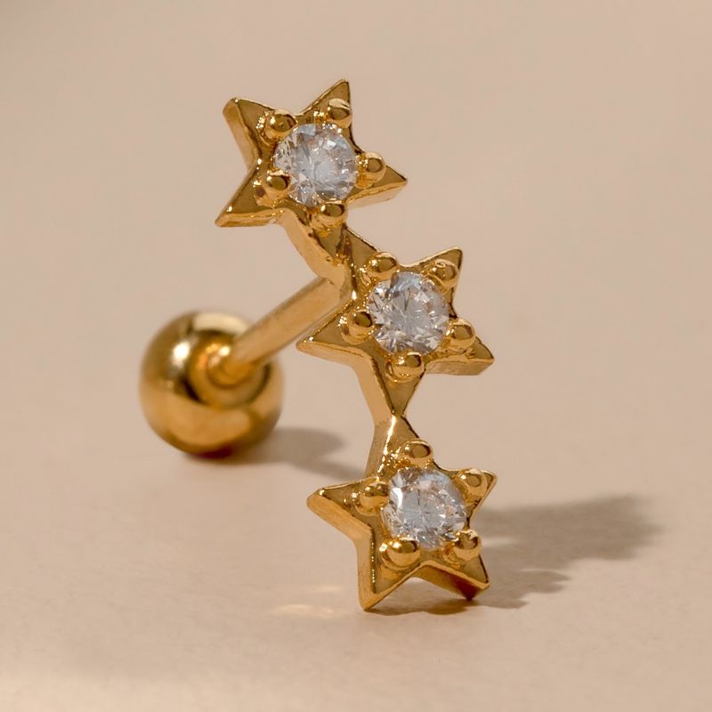 3Pcs Star Paved 5A Cubic Zirconia Bar Stud Earrings Gold Plated 925 Sterling Silver Ear Cartilage Studs