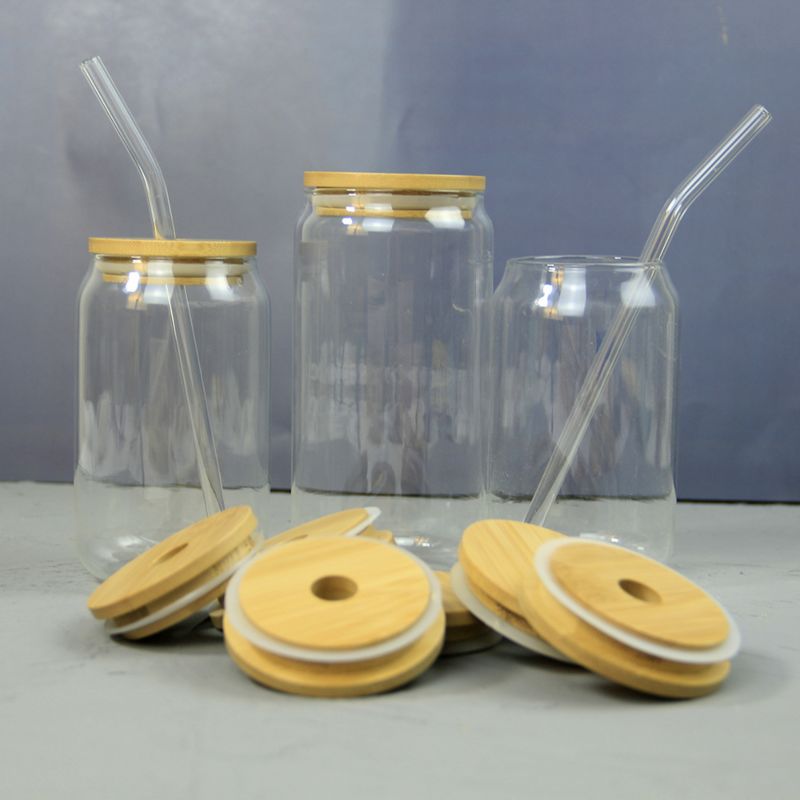 400Ml/560Ml Can Shaped Transparent Glass Cup with Bamboo Lid Glass Straw