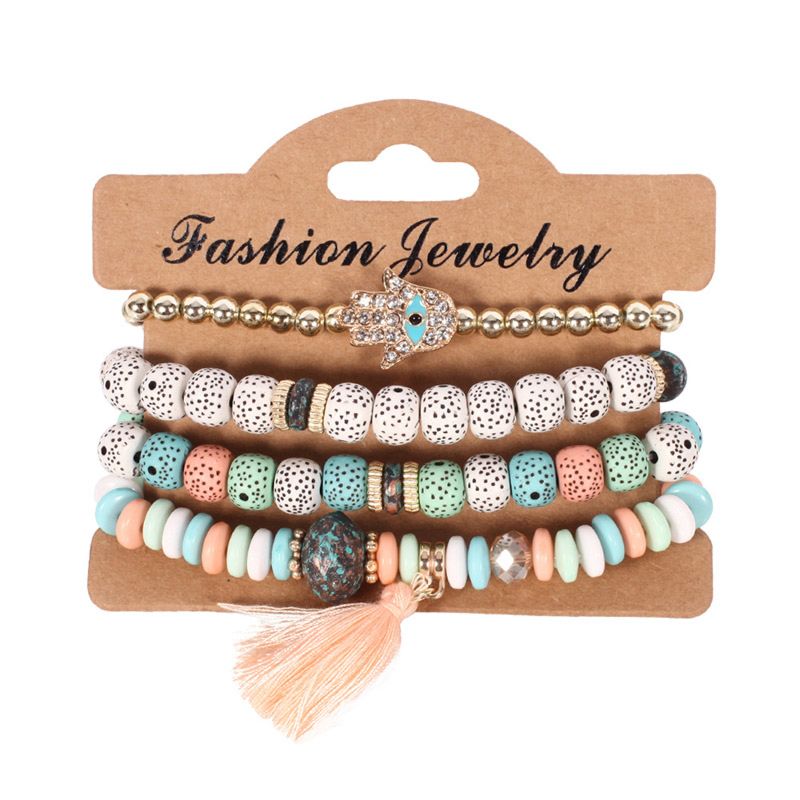 4Pcs/Set Multi-Layer Natural Stone Bead Bracelet Mix Pendant Tassel Bracelet Set for Women