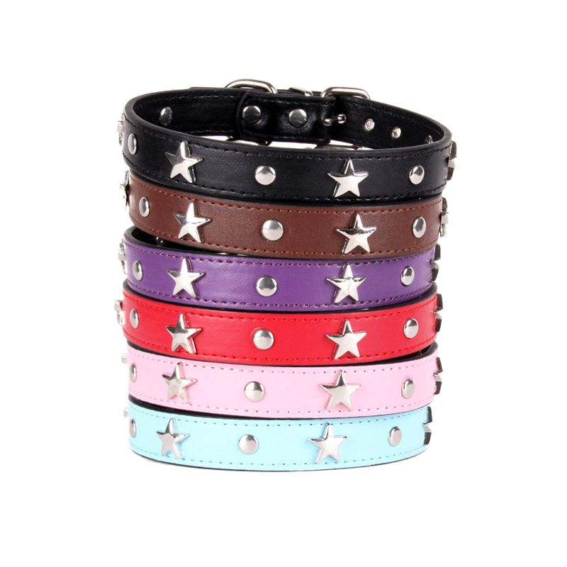 6 Colors Star Studded Dog Collar Leather Puppy Neck Strap Cat Collar Adjustable Pet Collars for Small Dogs S/M/L