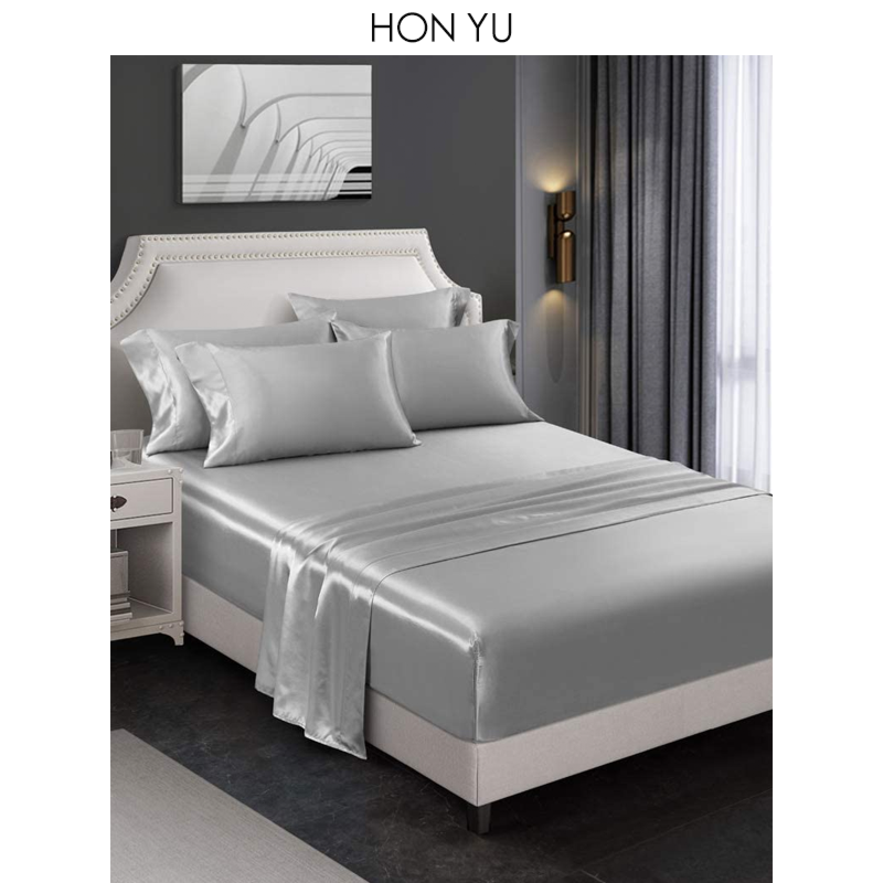6 Piece Deep Pocket Luxury Rich Silk Silky Super Soft Solid Color Satin Bedding Sheet Pillowcase Sets