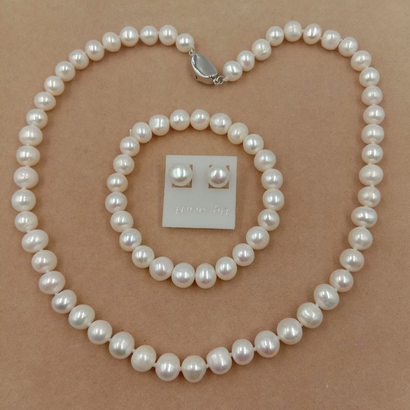 925 Silver Earring Good Luster Pearl Set Freshwater Pearl Jewelry Set for Wedding , 8 Mm near round Pearl