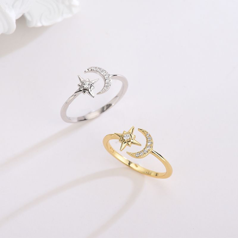 925 Silver Simple Diamond Inlaid Star Moon Ring Trend Single Ring