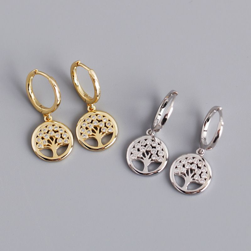 925 Sterling Silver Cz Tree of Life Drop Dangle Hoop Earrings Pave Crystal Rhinestone Tree of Life Huggie Hoop Earrings