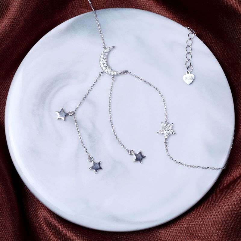 925 Sterling Silver Jewellery Necklace Women Pendant Jewelry 925 Sterling Designer Star and Moon Tassels Silver Necklace