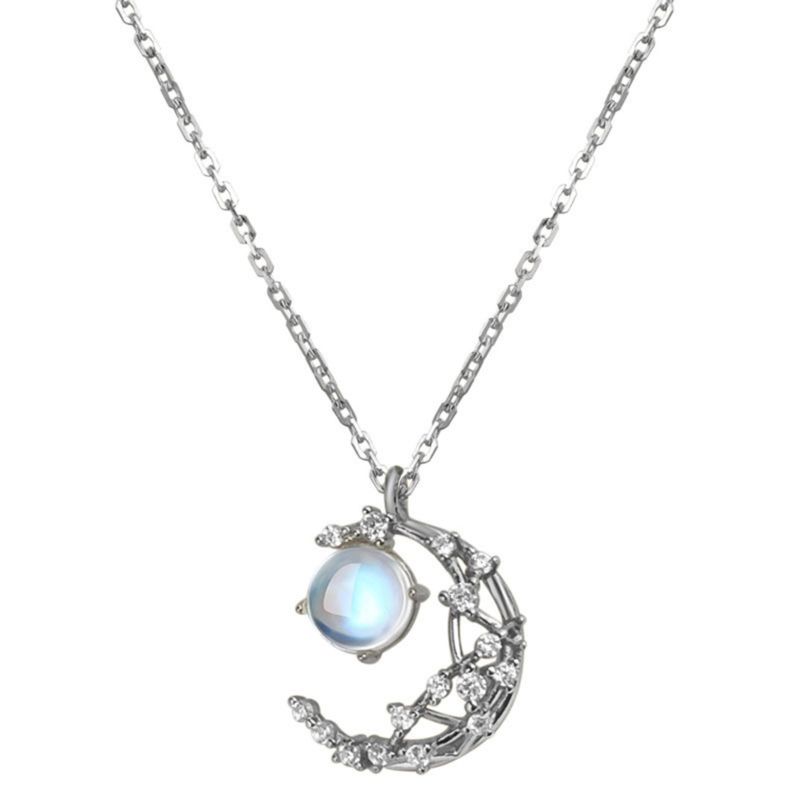 925 Sterling Silver Moon and Star Pendant Necklace Chain Charm Women Moonstone Necklaces Jewelry