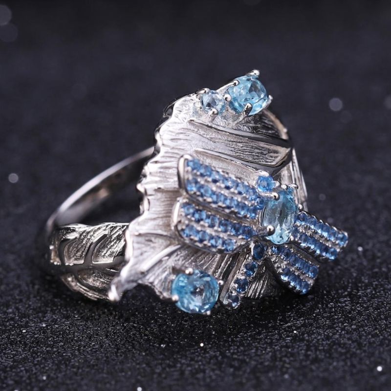 Abiding Swiss Blue Topaz Natural Gemstone Girls Jewelry Wedding 925 Sterling Silver Leaf Shape Rings