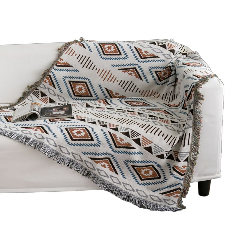 Afghan Blanket Solid White Blue Red Geometric Stripe Yarn Dyed Throw Sofa Cover Couch Blanket with Fringe Tassel