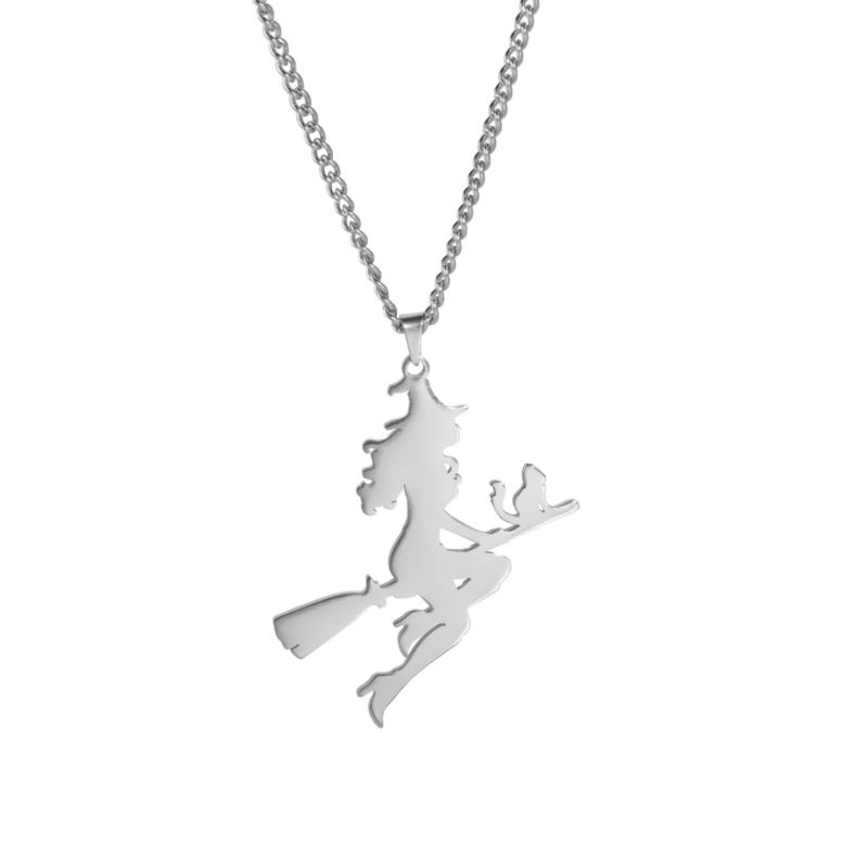 Angel Stainless Steel Sweater Chain Halloween Witch Riding Broomstick Pendant Gold Plated Jewelry Gift