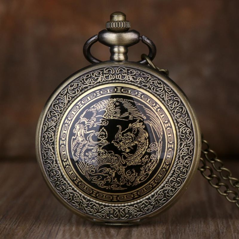 Antique Bronze Dragon Pattern Design Pocket Watch Necklace Pendant Quartz Fob Watch Pocket Watch (Kwt2200)