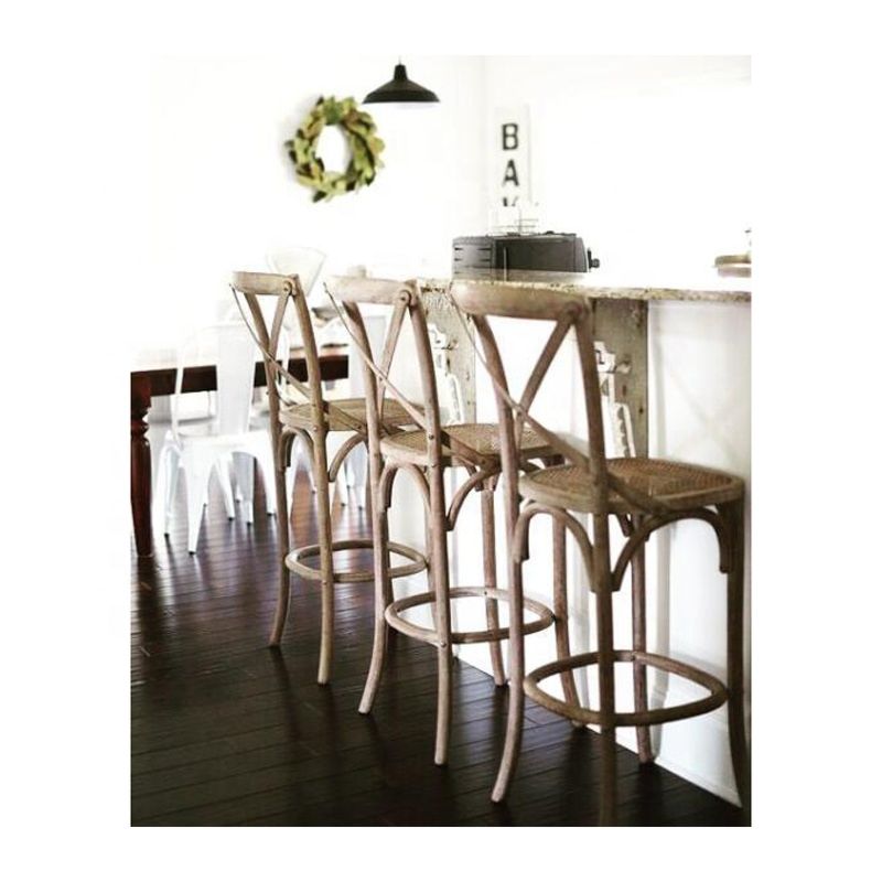 Antique Vintage Solid Wood Rattan Seat Cross Back Counter Bar Stool Chair