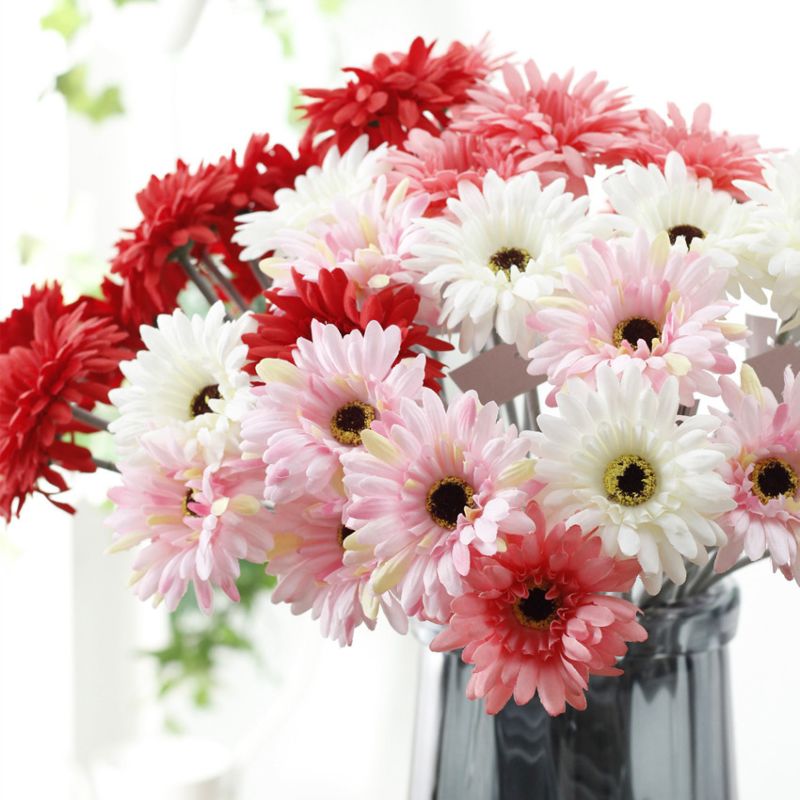 Artificial Daisy Bridal Flowers Bouquet Real Touch Silk Chrysanthemum with Flocking Stems