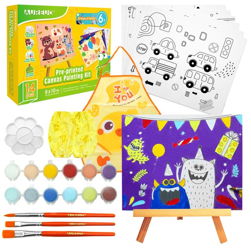 Aureuo Pre-Printed Canvas Science Nature Themed Boy Painting Set Diy Painting Kits for Kids