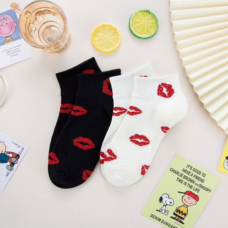 Autumn Ankle Socks Red Lip Design Soft Breathable Couple Socks