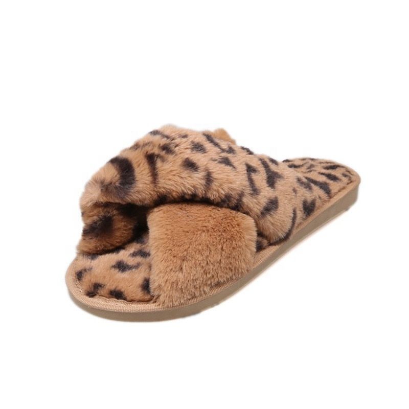 Autumn House Shoes Women Home Leopard Slippers Warm Faux Fur Ladies Cross Soft Plush Furry Female Open Toe Shoes