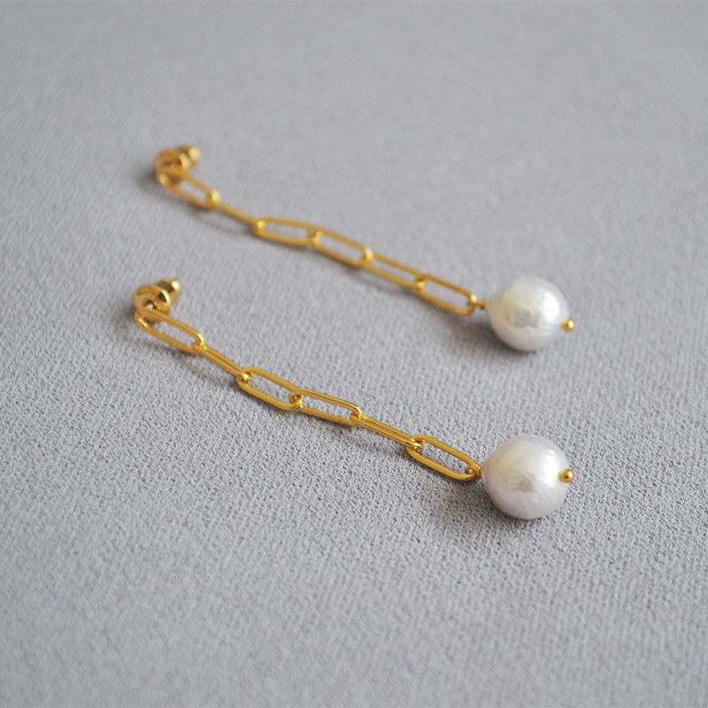 Autumn Jewelry Link Chain Freshwater Pearl Drop Earrings Korean Elegant Women Hollow Chunky Link Chain Pearl Earrings