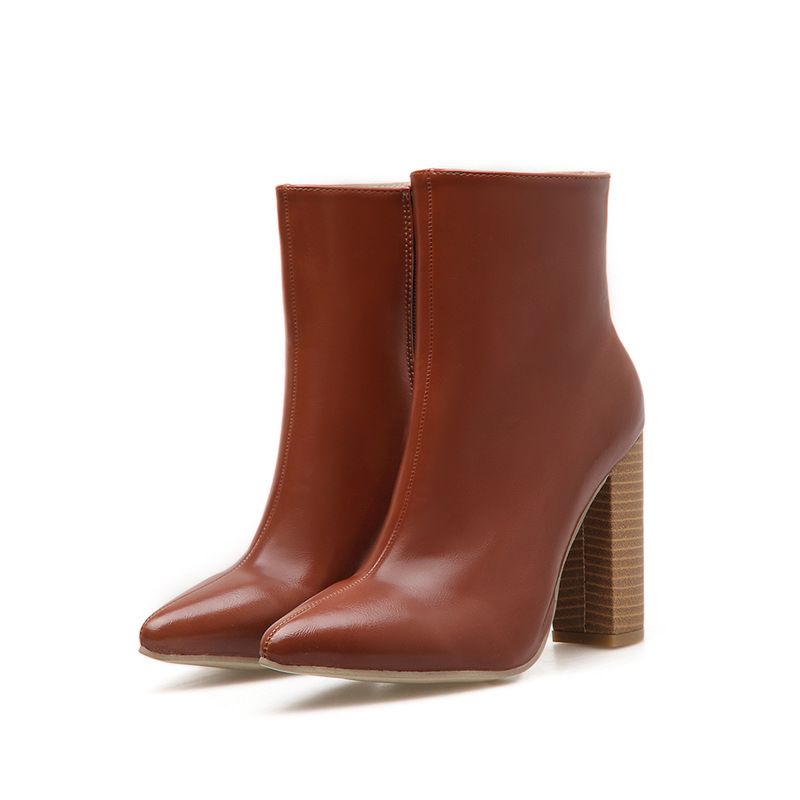 Autumn Leather Side Zipper Women with Pointed Toe Chunky Heels Ankle High Heel Mid Boots