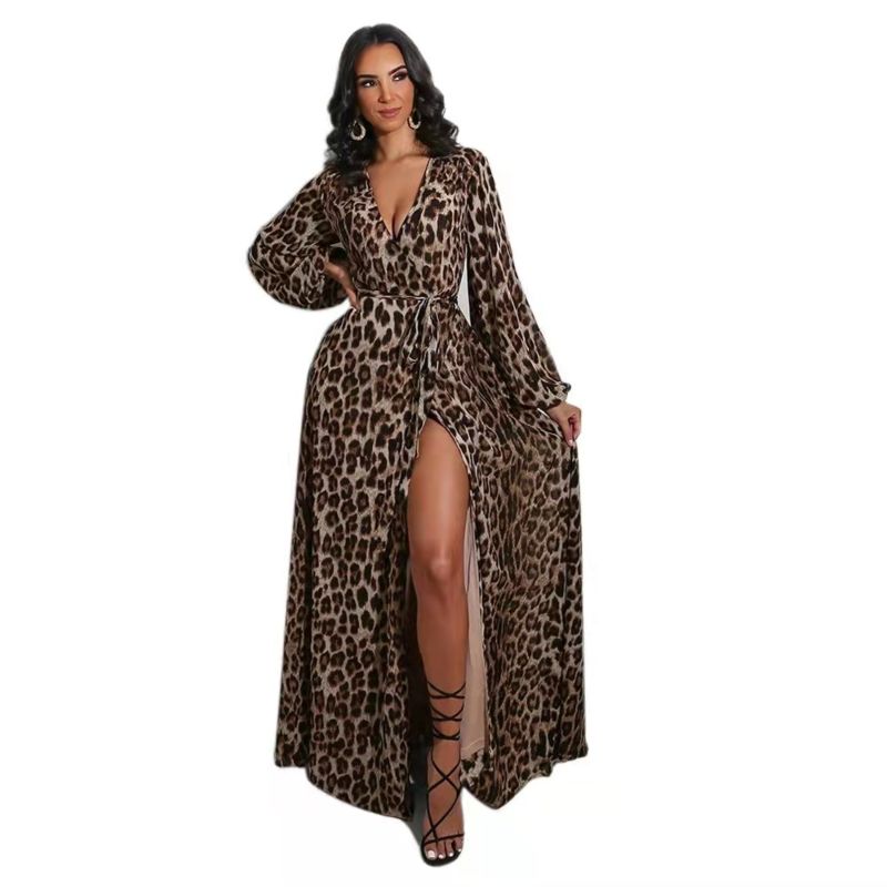 B3111 Casual Leopard Print V-Neck Ladies Long Dress Nightclub Skirt