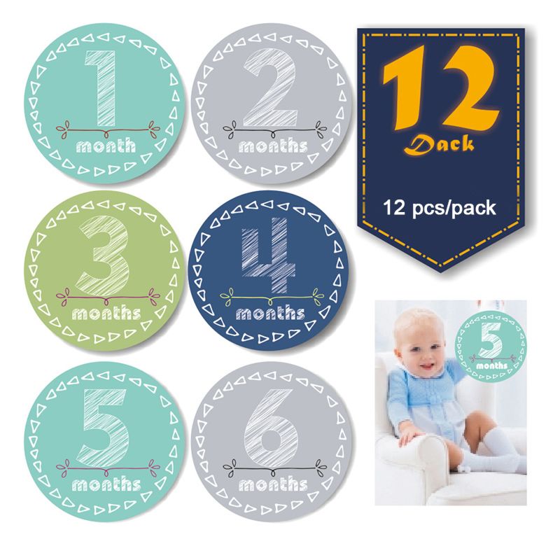 Baby 12 Monthly Photo Props Pregnant Woman Commemorative Sticker Baby Milestone Stickers for Girl or Boy Infant Onesie