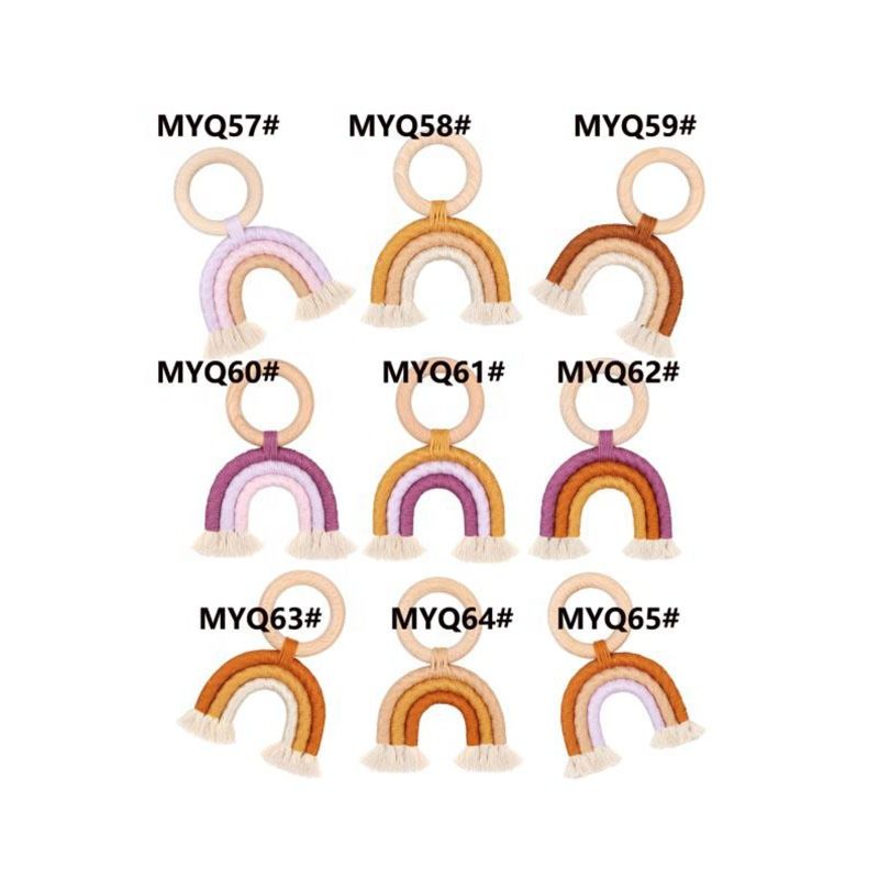 Baby Chewing Wooden and Cotton Teething Ring Rainbow Macrame Teether