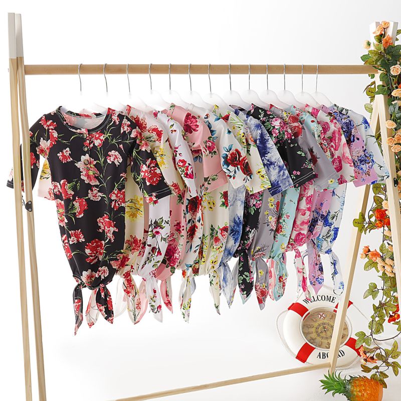 Baby Girls Floral Print Soft and Cute Design Knot Gown Romper with Hat Sleeping Bag Clothes Baby Gown