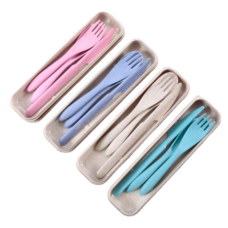 Baby Travel Cutlery Portable Japanese Wheatgrass Knife Fork Spoon Cutlery Box Student Kitchen Cutlery Set