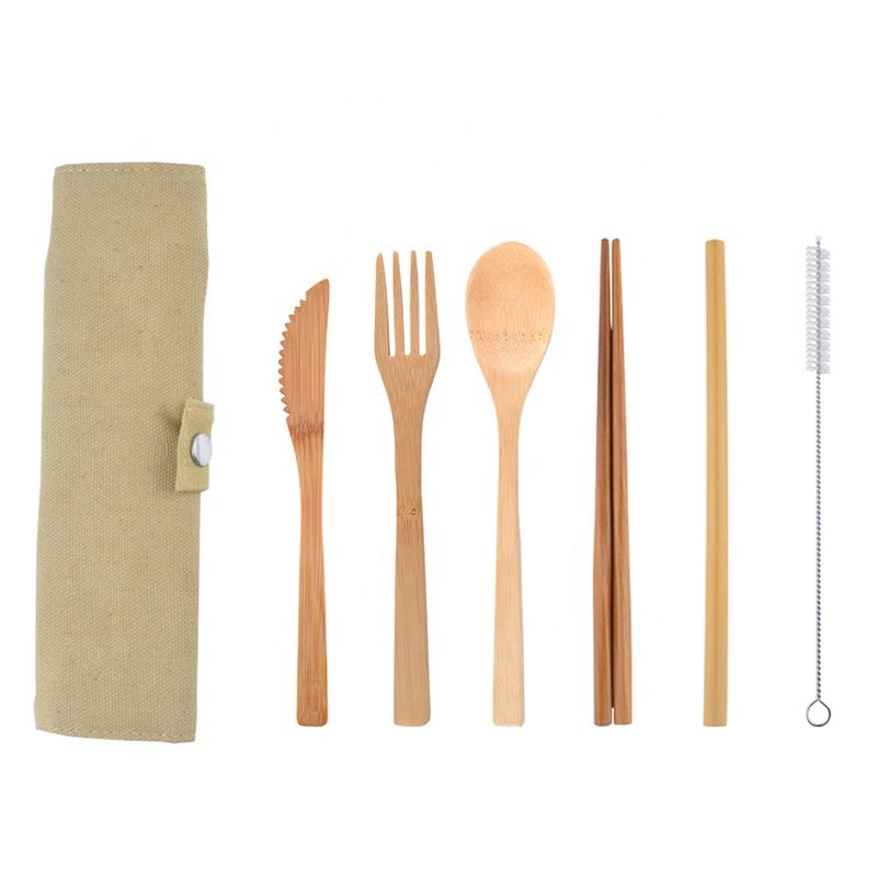 Bamboo Cutlery Set with Knife Fork Spoon Straw Brush Chopsoticks Bag Natural as Gift