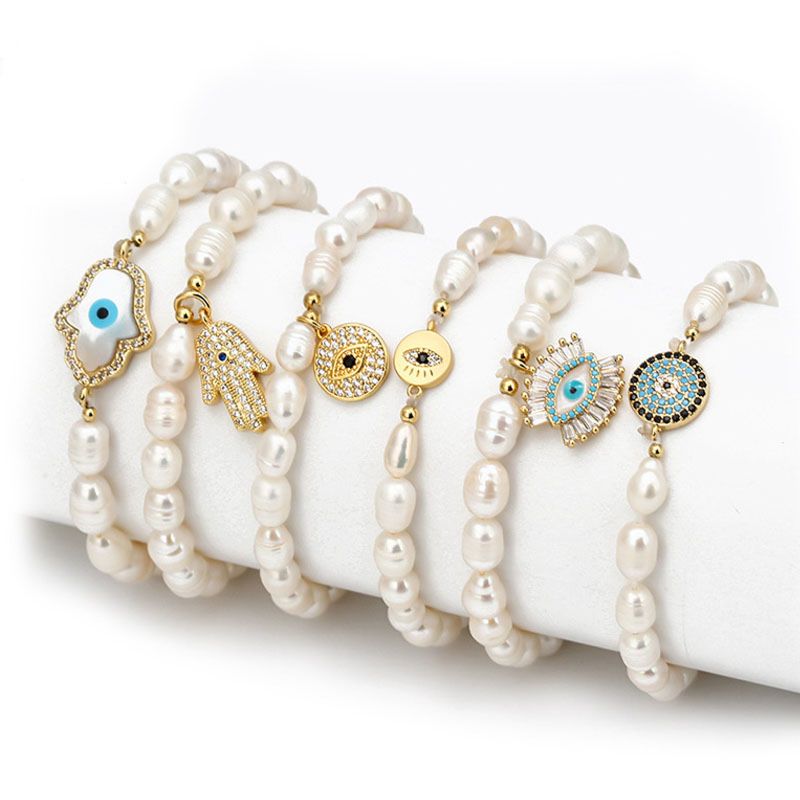 Baroque Freshwater Pearl Beads Cz Evil Eyes Charm Bracelet Gold Plating Full Zirconia Hand Eyes Pearl Bracelet