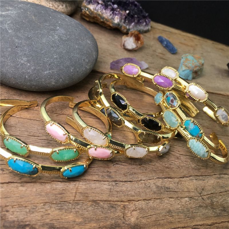 Bd-E1812 11 Kinds Stone Bangles ,Golden Bangles Fine Jewelry for Women Party Gifts,Faceted Oval Beads Charm Bangles