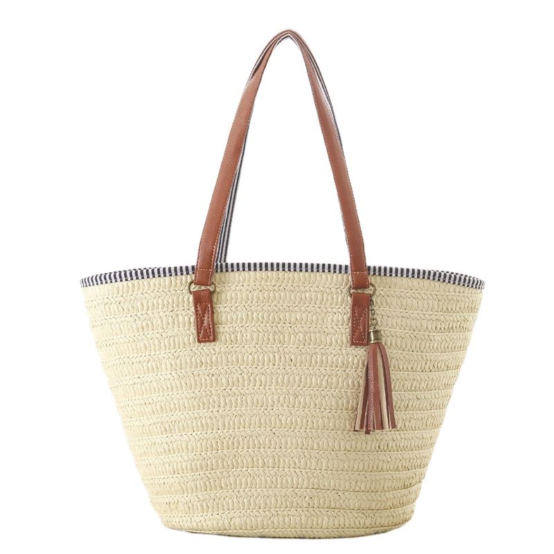 Beach Oversize Straw Bag Hand Woven One Shoulder Straw Beach Tote Bag with Tassel
