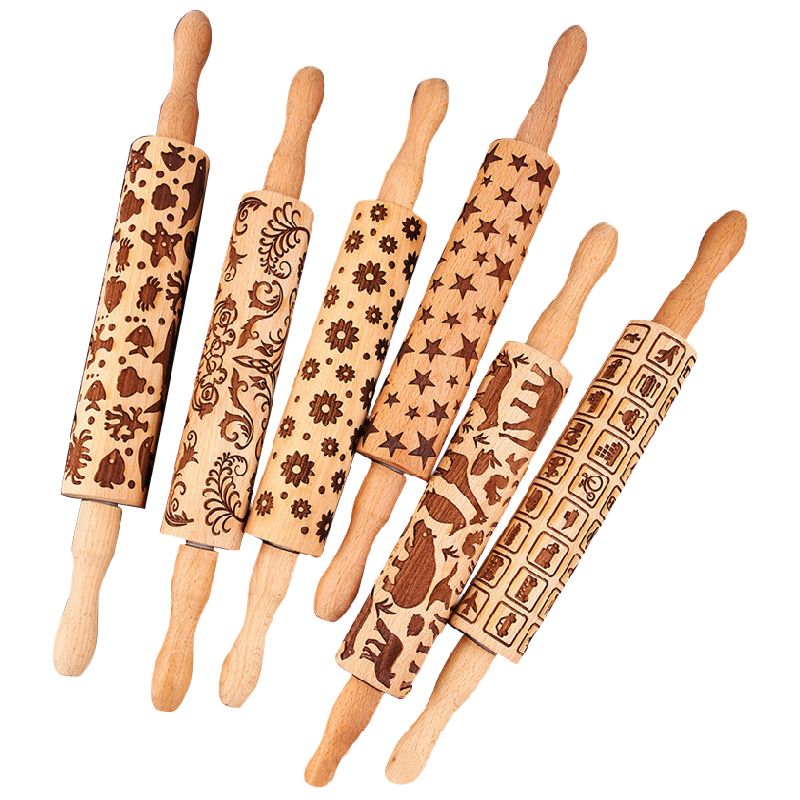 Beech Wood Embossed Rolling Pin Baking Cookies Noodle Biscuit Fondant Cake Cute Dough Pattern Wooden Laser Engraved Rolling Pin
