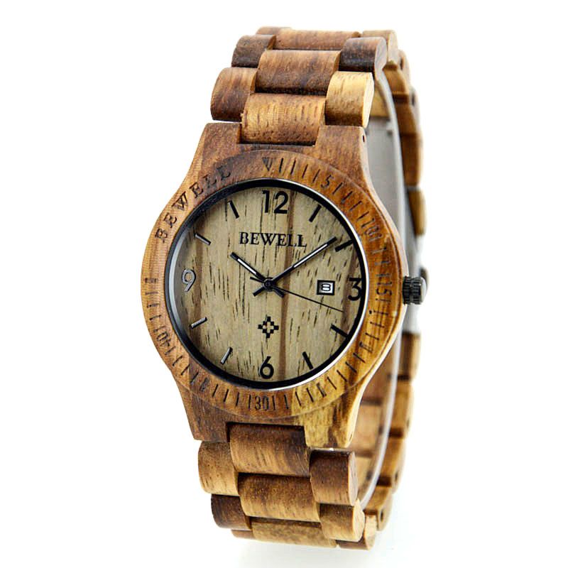 Bewell W086B Mens Wooden Watch Analog Quartz Lightweight Handmade Wood Wrist Watch