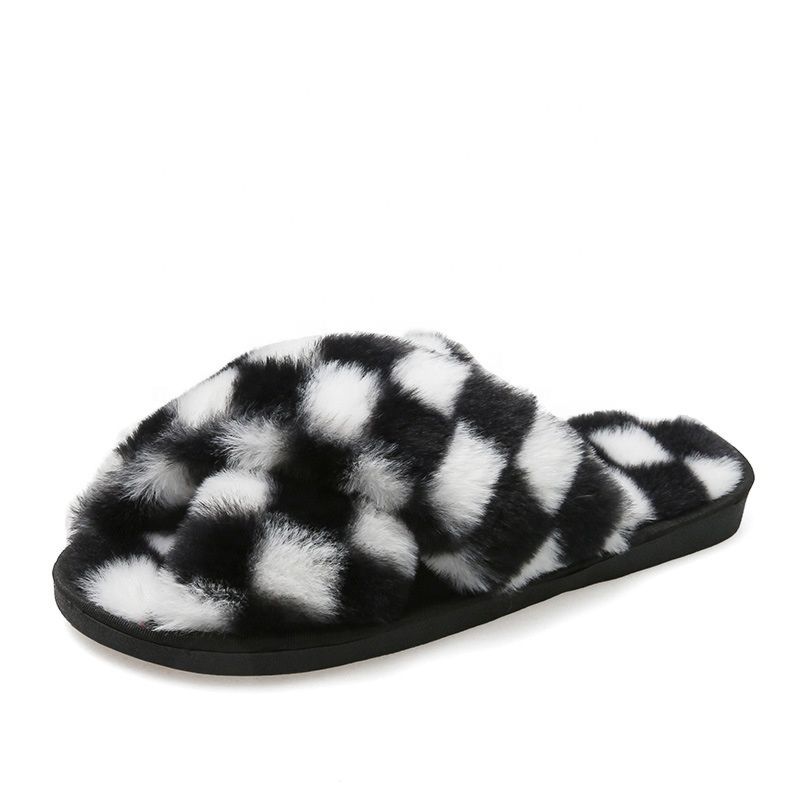 Big Size Plaid Comfortable Cross Small Rabbit Fur Warm Slippers Slides for Women