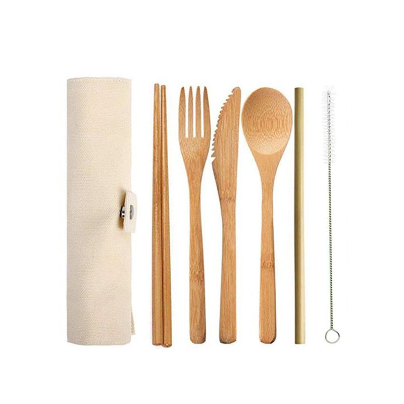 Biodegradable Bamboo Fiber Tableware Sets Spoon Fork Knife Straw Chopsticks Reusable Bamboo Fiber Cutlery Set