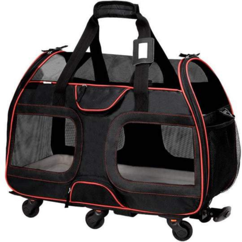 Black & Red Rolling Wheels Pet Carrier Travel Trolley Cat Bag