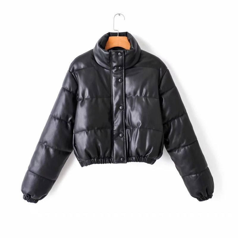Black Bubble Coat Zipper Pu Faux Leather Women Puffer Jackets
