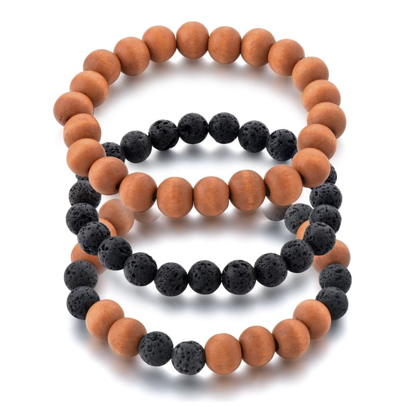 Black Lava Stone Beaded Bracelets Wood Beads Stretch Bracelet Set for Men