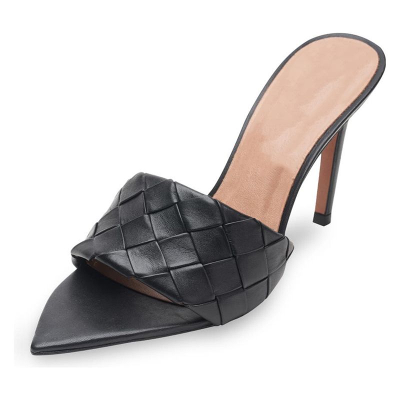 Black Pu Leather Women's Pointed Toe Mules Stiletto High Heels Sandals