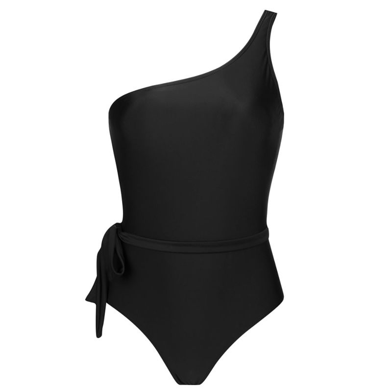 Black Solid Tie Side One Shoulder One Piece Swimsuit Bathing Suits Women Sports One Piece Swimwear Monokini