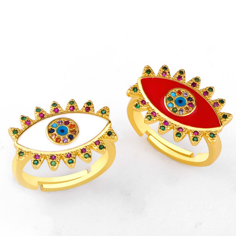 Blingbling Colorful Diamond Gold Adjustable Rings Evil Enamel Eye Open Rings Copper Pave with Zircon Band Ring