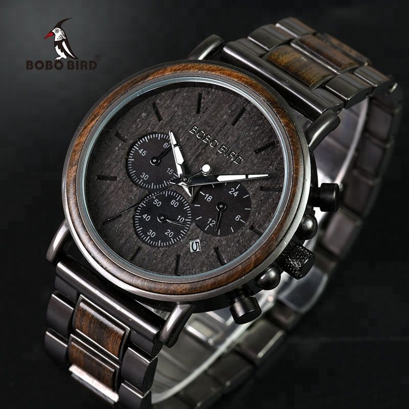 Bobo Bird Black Wood Watch Stainless Steel Auto Date Watches for Men