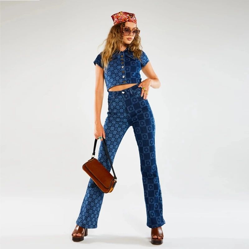 Boboyu Design Xs Cotton Trouser Two Tone Printed Vintage Y2K Denim Jeans Women High Waist Wide Leg Pants Slim Fit