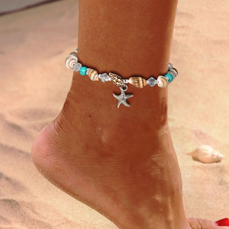 Bohemia Turquoise Anklets for Women Starfish Pendant Conch Shell Beach Foot Jewelry Retro Anklet Jewelry