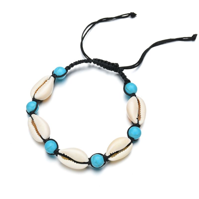 Bohemian Handmade Braided Turquoise Bead Sea Shell Ankle Bracelet Natural Cowrie Shell Anklet