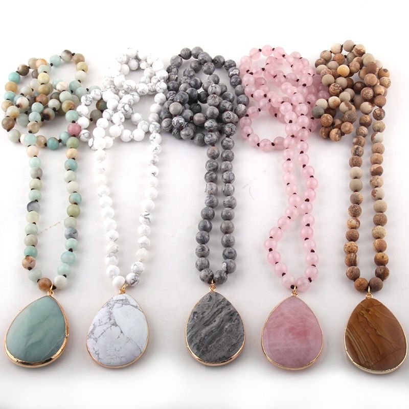 Bohemian Jewelry Natural Stone Knotted Stone Matching Drop Pendant Necklaces Women Beaded Necklace