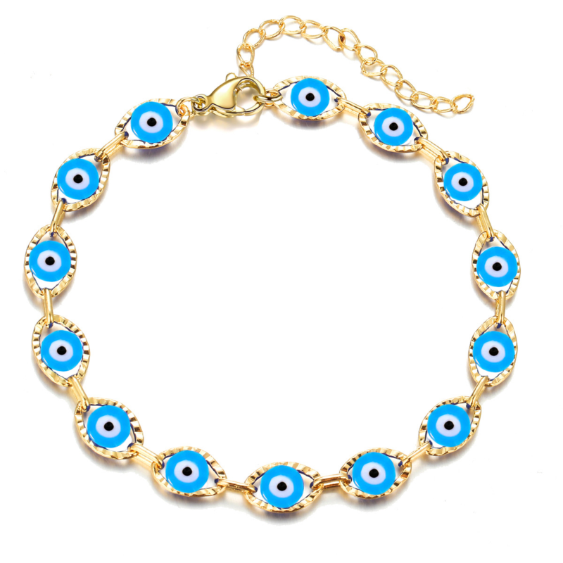Boho 18K Gold Plated Lucky Evil Eyes Bracelet 7.5 Inch Blue Evil Eyes Charm Bracelet for Girls