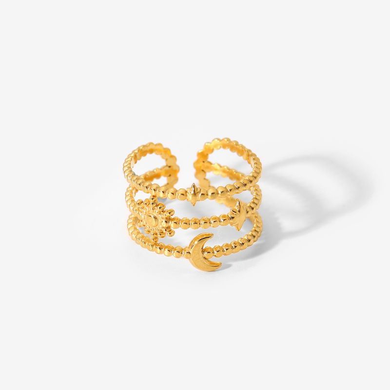 Boho 3 Layered Beaded Rings 18K Gold Plated Moon Star Opening Rings Stainless Steel Finger Jewelry Ring for Women