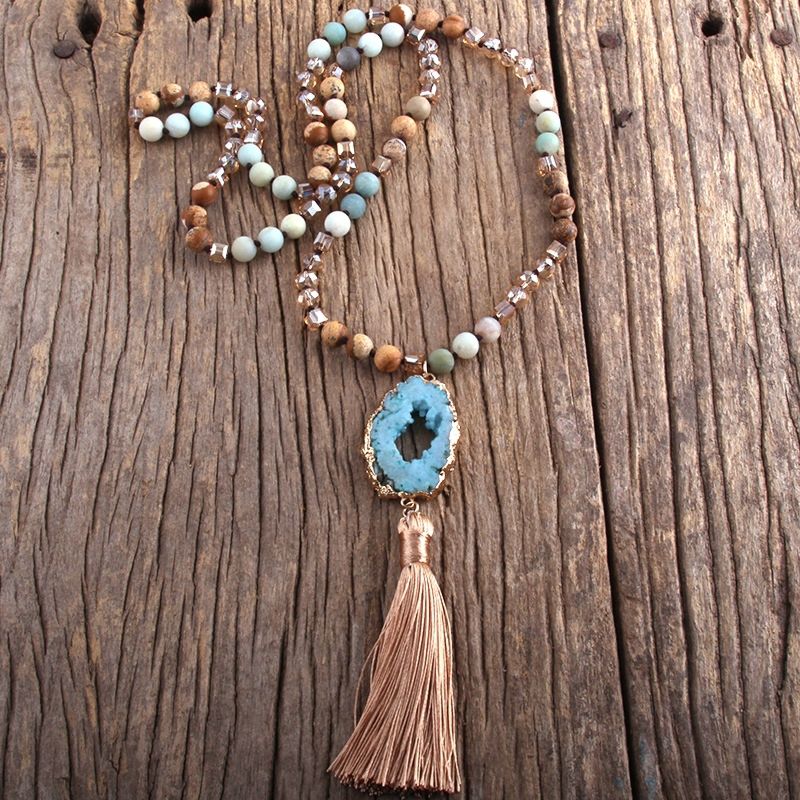 Boho Jewelry Women Gift Natural Stone and Crystal Beads Tassel Necklace Irregular Druzy Drop Pendant Necklace